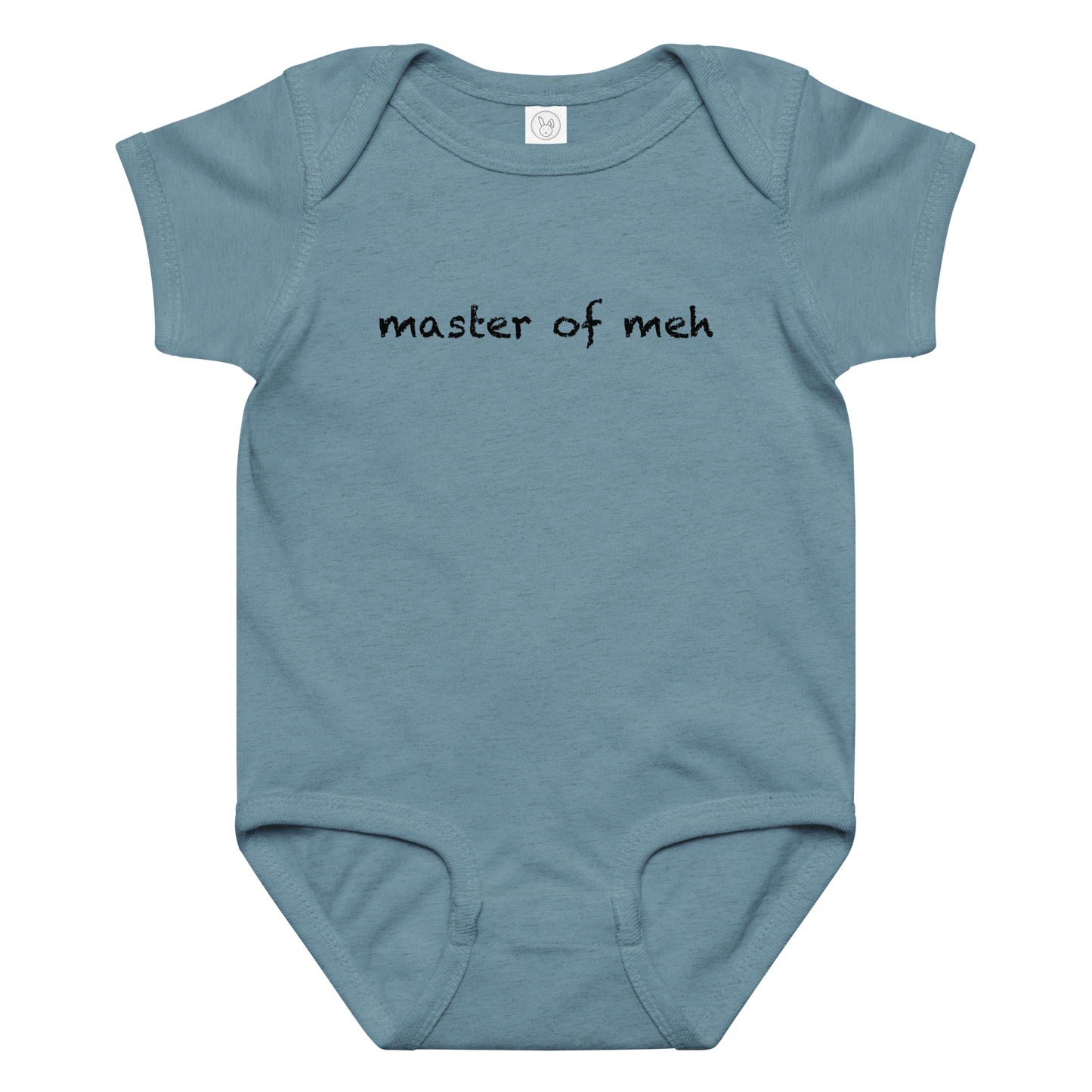 "Master of meh" printed on a vintage indigo baby jersey bodysuit laying on a flat surface amongst other clothes