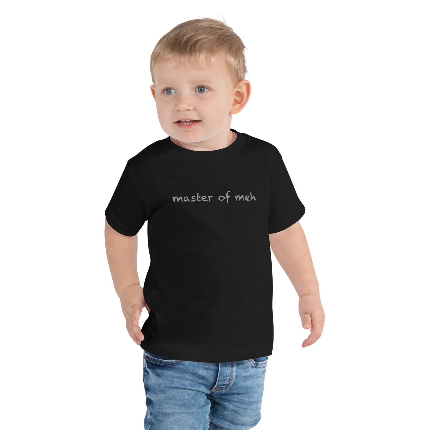 "Master of meh" printed on a black toddler short sleeve tee worn by a male