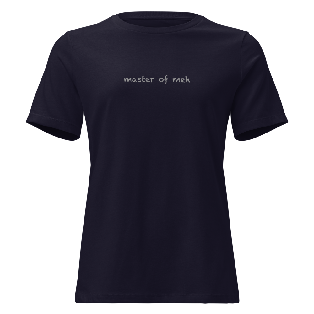 "Master of meh" printed on a navy on an invisible / simulated body