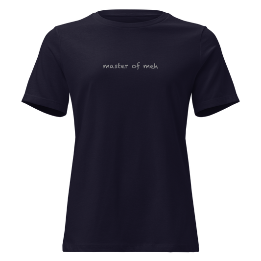 "Master of meh" printed on a navy on an invisible / simulated body