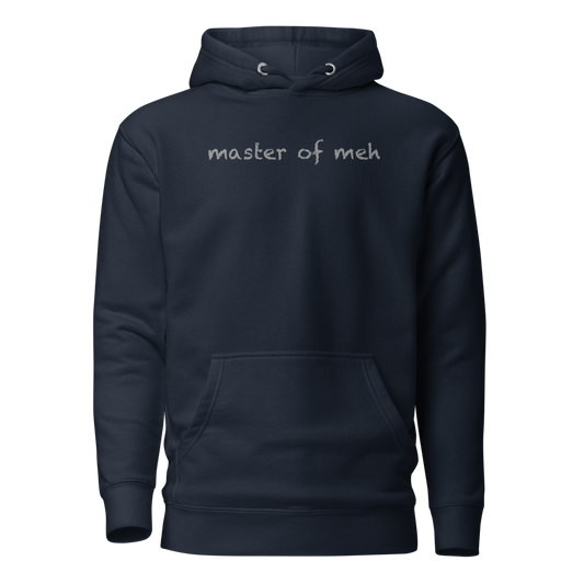 "Master of meh" printed on a navy blazer on an invisible / simulated body