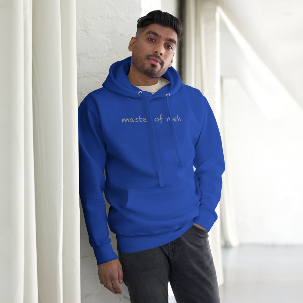 "Master of meh" printed on a team royal unisex hoodie worn by a male