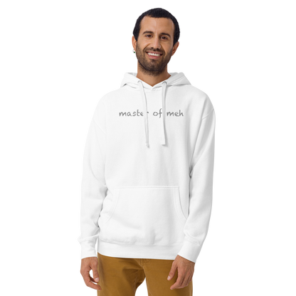 "Master of meh" printed on a white warn by a male