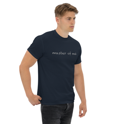 "Master of meh" printed on a navy unisex classic tee worn by a male