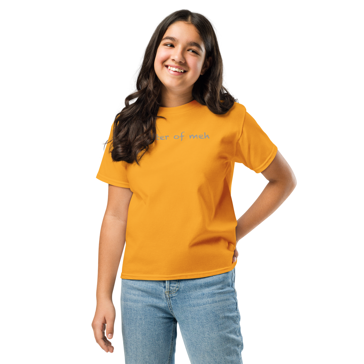 "Master of meh" printed on a gold youth classic tee worn by a female