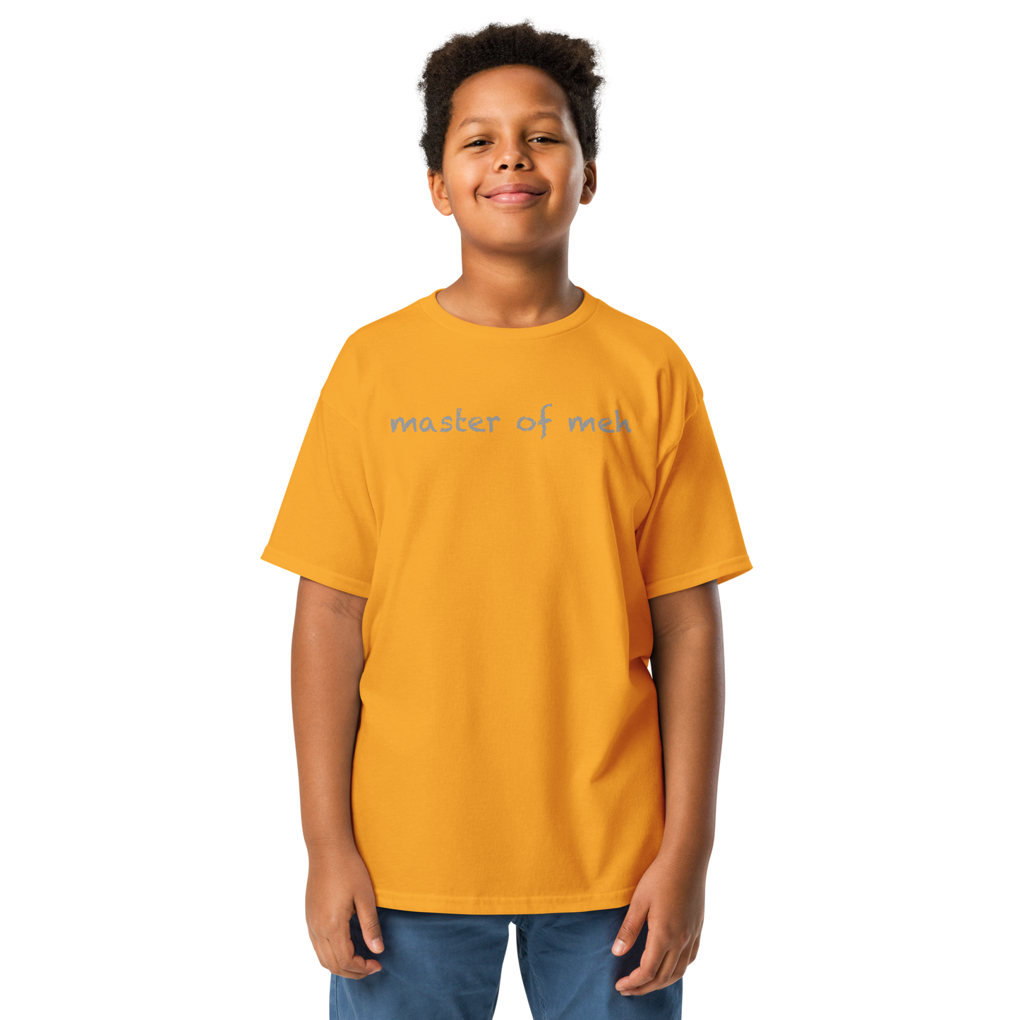 "Master of meh" printed on a gold youth classic tee worn by a male