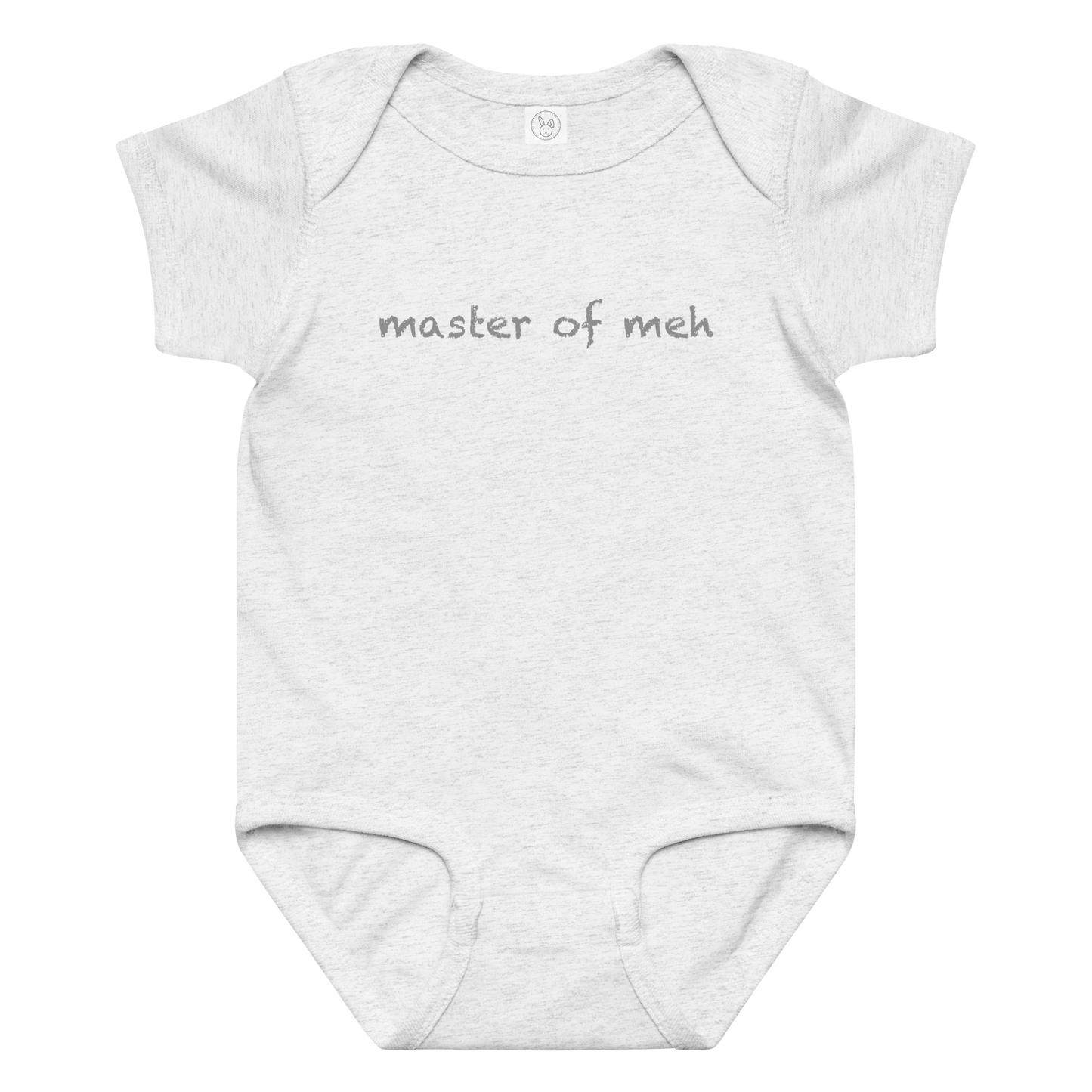 "Master of meh" printed on a ash baby jersey bodysuit laying on a flat surface amongst other clothes