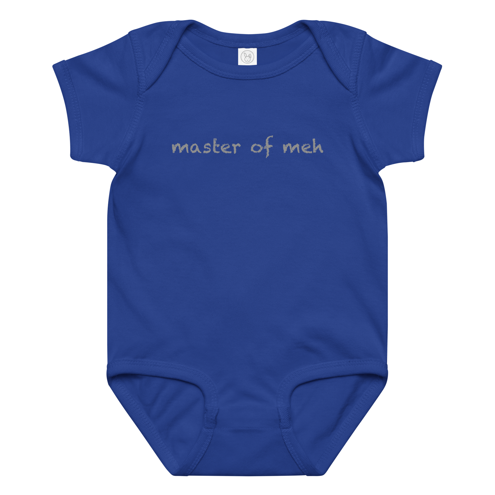 "Master of meh" printed on a royal baby jersey bodysuit laying on a flat surface amongst other clothes