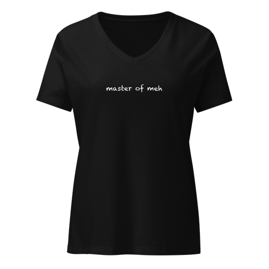 "Master of meh" printed on a solid black blend on an invisible / simulated body