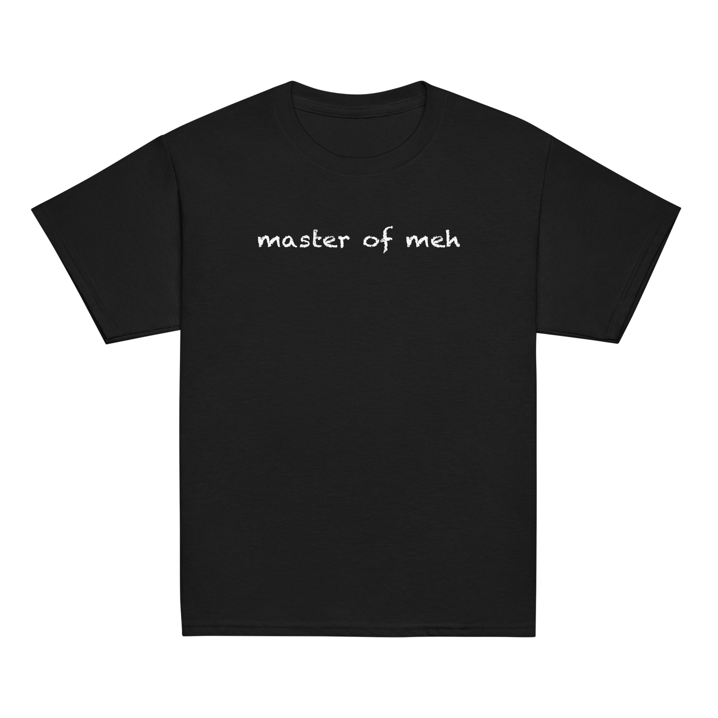 "Master of meh" printed on a black youth classic tee laying on a flat surface