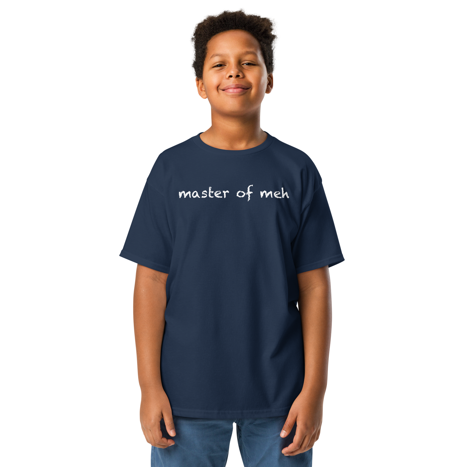 "Master of meh" printed on a navy youth classic tee worn by a male