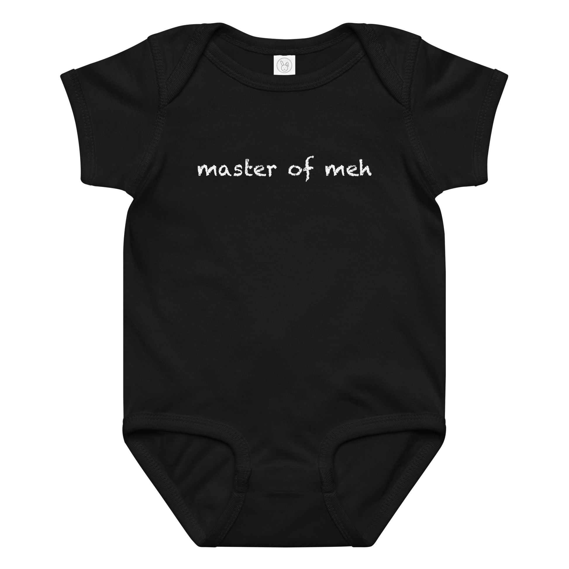 "Master of meh" printed on a black baby jersey bodysuit laying on a flat surface amongst other clothes