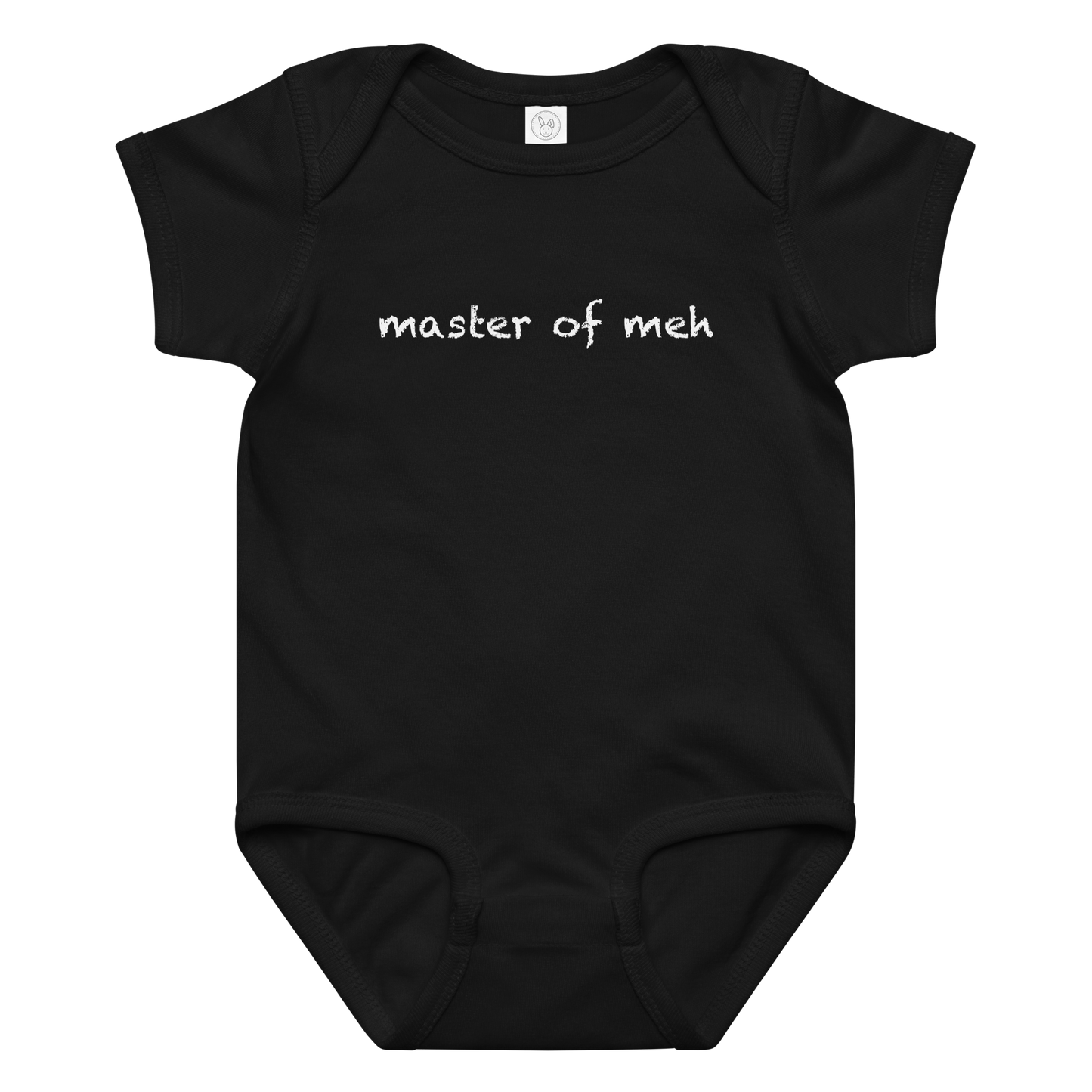 "Master of meh" printed on a black baby jersey bodysuit laying on a flat surface amongst other clothes