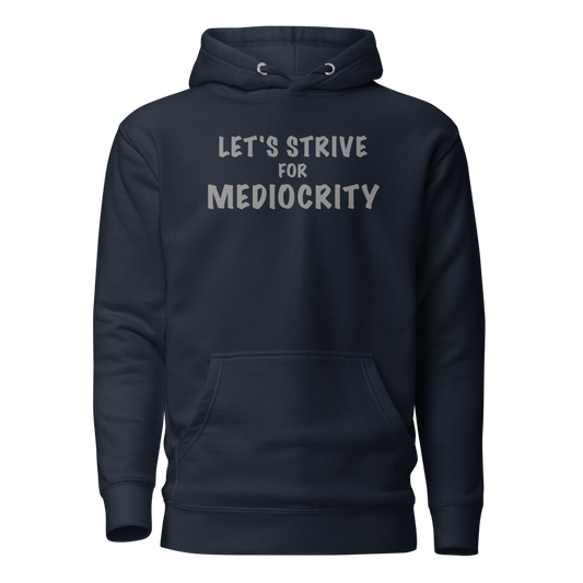 "Let's strive for mediocity" printed on a navy blazer on an invisible / simulated body