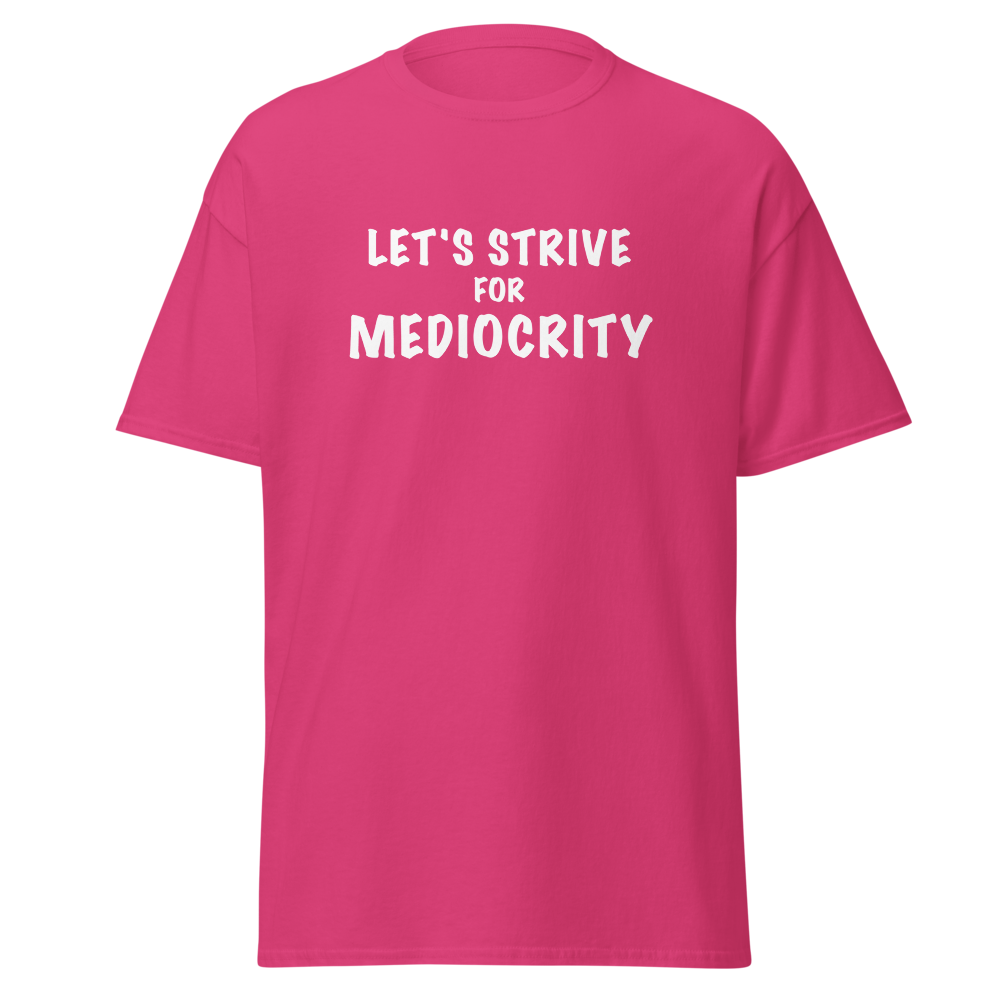 "Let's strive for mediocity" printed on a heliconia on an invisible body