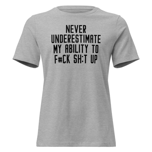 "Never Understimate My Ability To F#Ck Sh:t Up" printed on a athletic heather on an invisible / simulated body