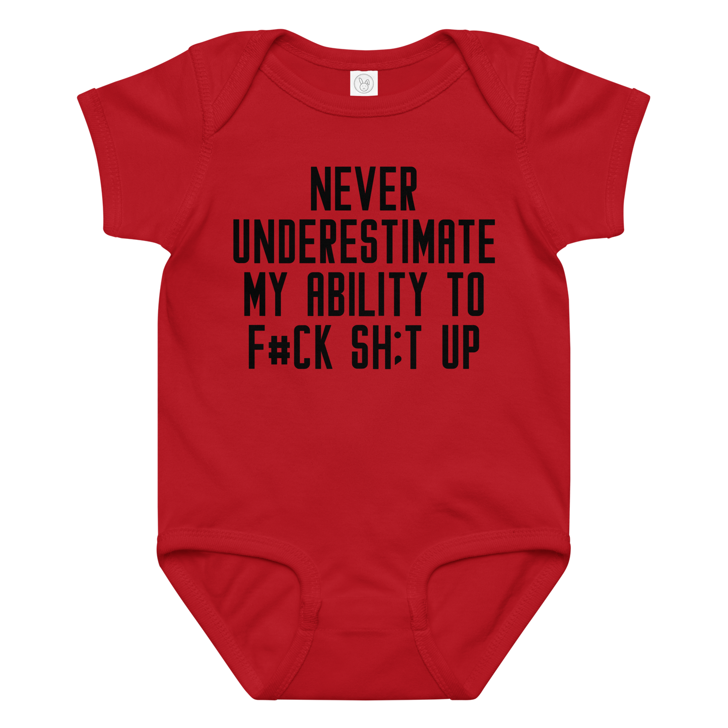 "Never Understimate My Ability To F#Ck Sh:t Up" printed on a red baby jersey bodysuit laying on a flat surface amongst other clothes