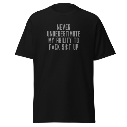 "Never Understimate My Ability To F#Ck Sh:t Up" printed on a black on an invisible body