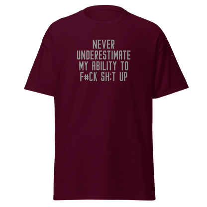 "Never Understimate My Ability To F#Ck Sh:t Up" printed on a maroon on an invisible body