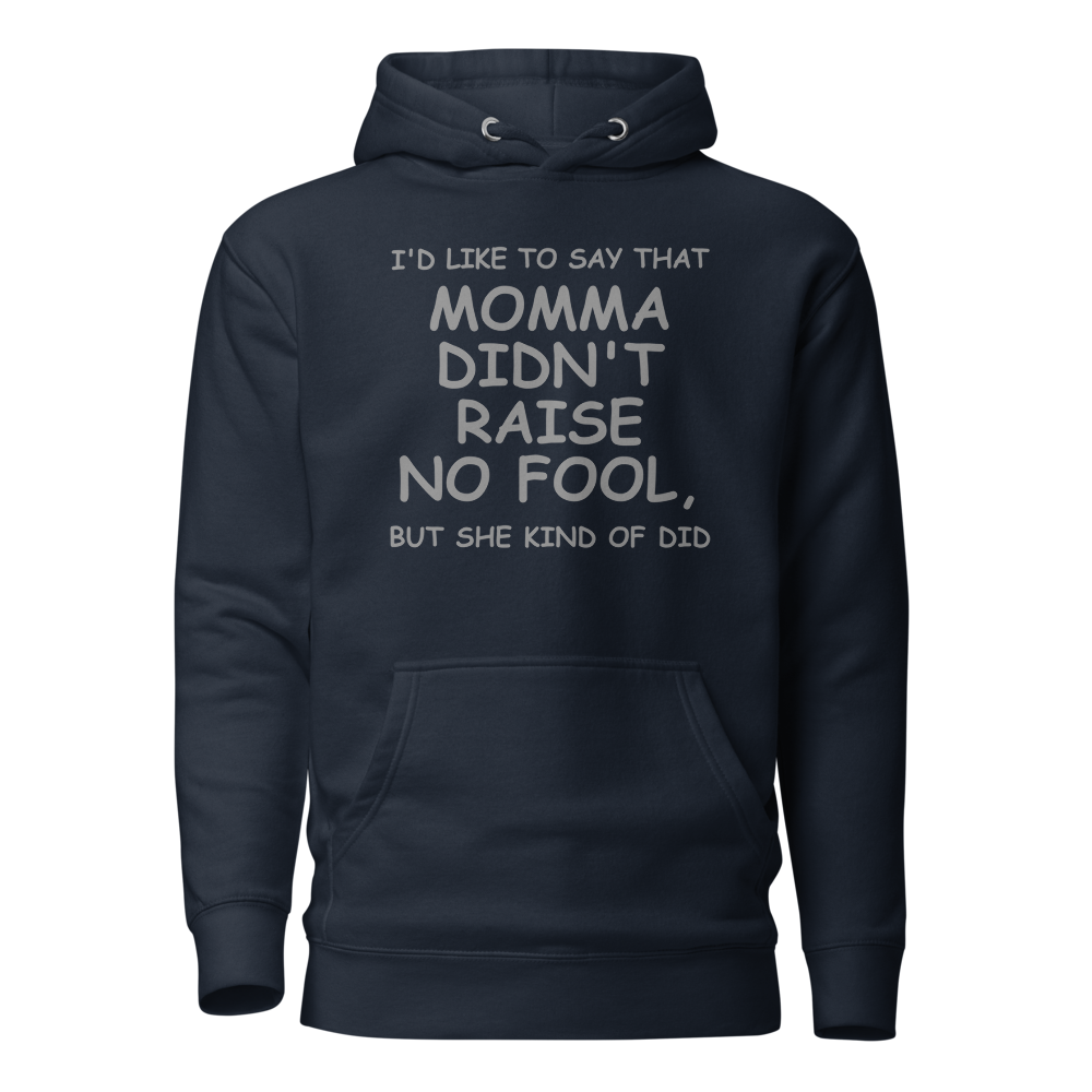 "I'd like to say that momma didn't raise no fool, but she kind of did" printed on a navy blazer on an invisible / simulated body