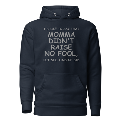 "I'd like to say that momma didn't raise no fool, but she kind of did" printed on a navy blazer on an invisible / simulated body