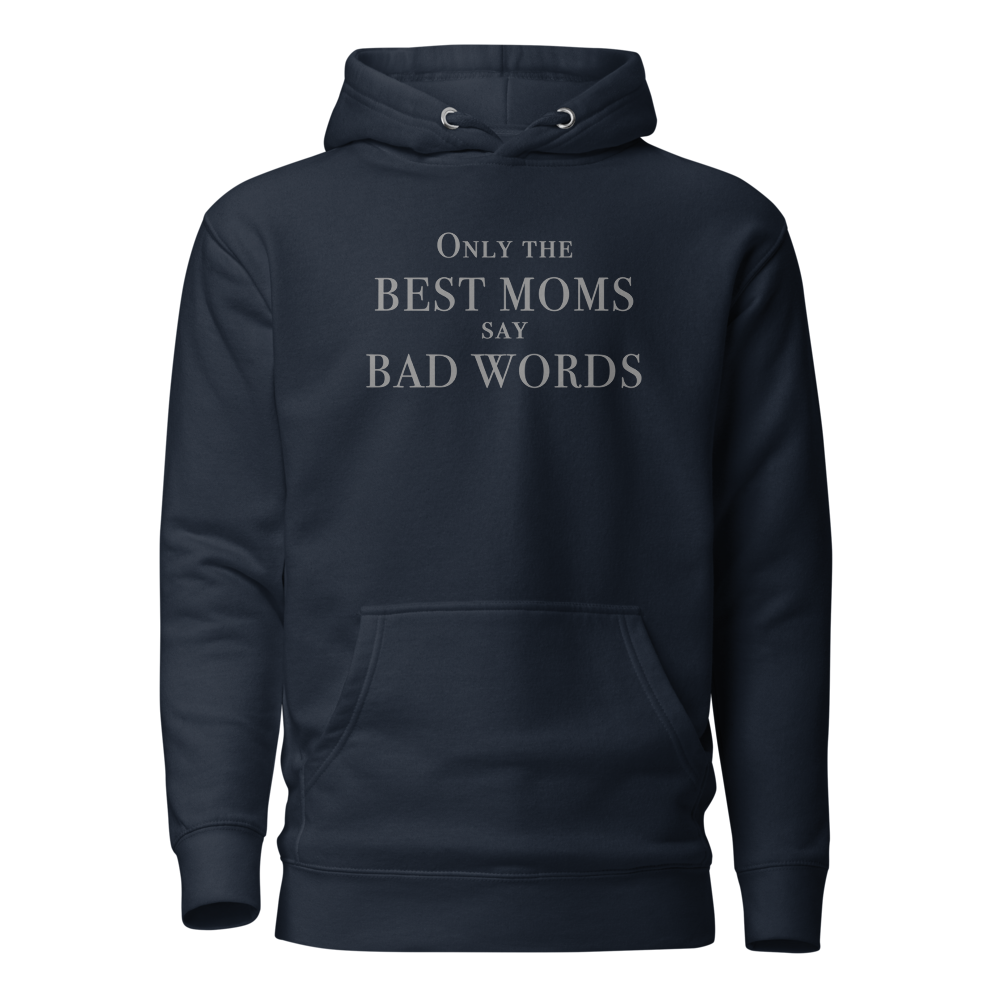 "Only the best moms say bad words" printed on a navy blazer on an invisible / simulated body