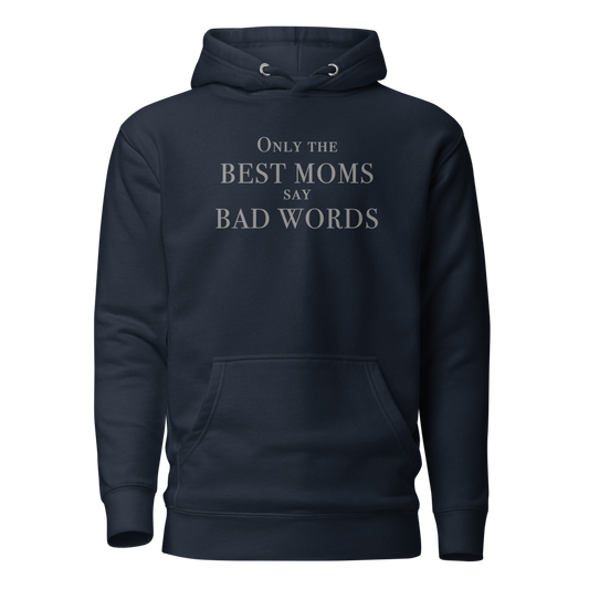 "Only the best moms say bad words" printed on a navy blazer on an invisible / simulated body