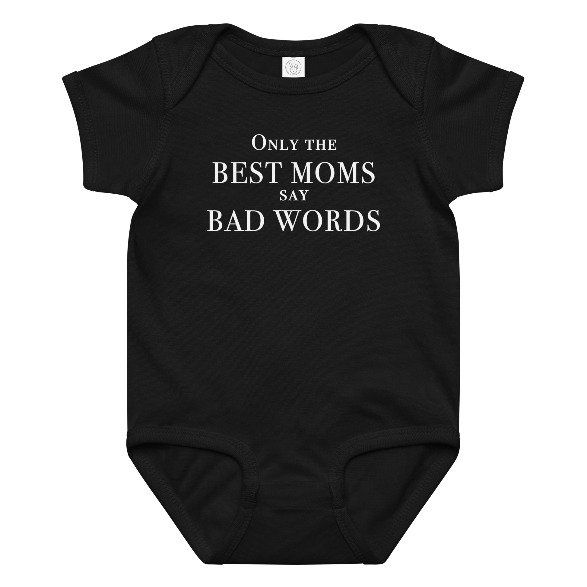 "Only the best moms say bad words" printed on a black baby jersey bodysuit laying on a flat surface amongst other clothes