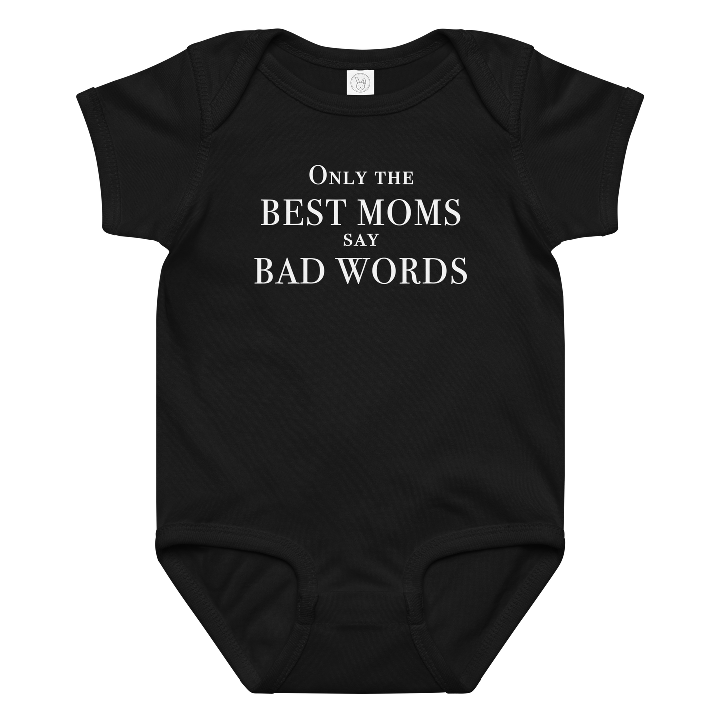 "Only the best moms say bad words" printed on a black baby jersey bodysuit laying on a flat surface amongst other clothes