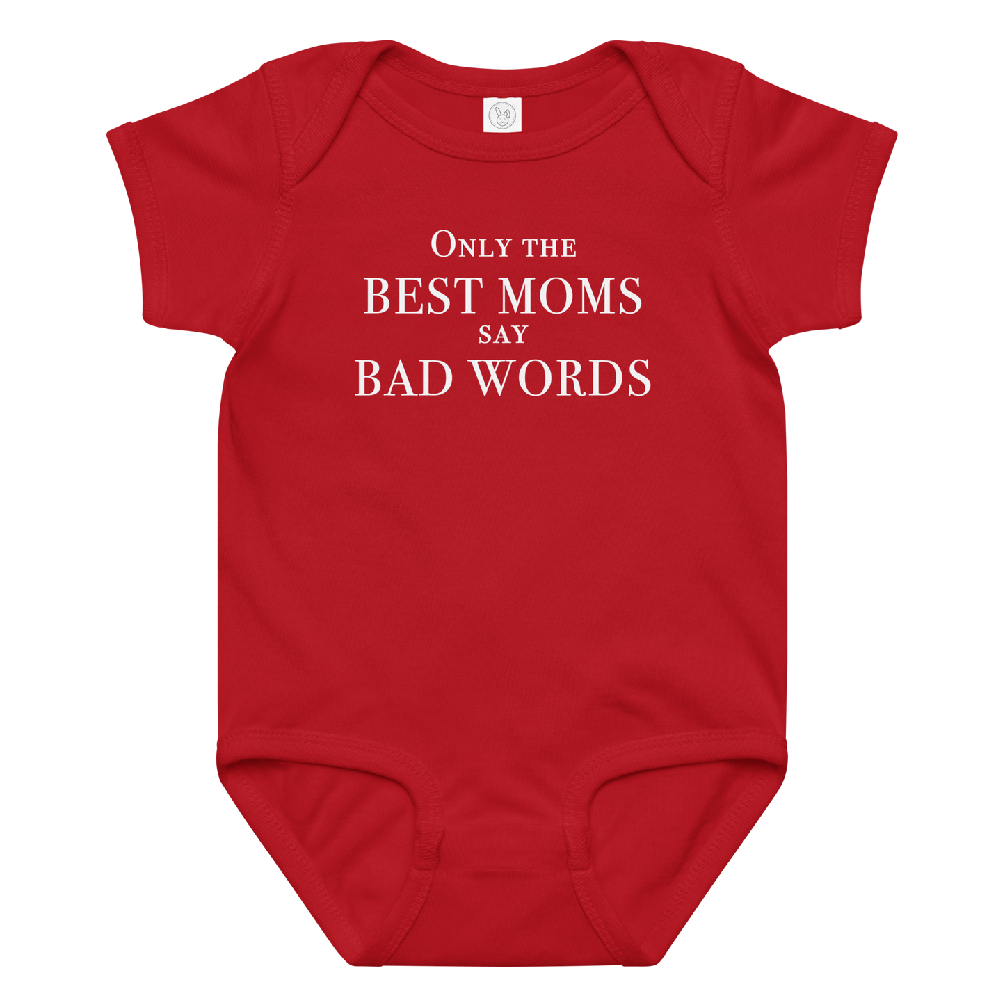 "Only the best moms say bad words" printed on a red baby jersey bodysuit laying on a flat surface amongst other clothes
