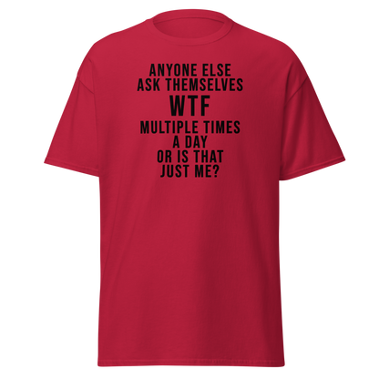 "Anyone else ask themselves WTF multiple times a day or is that just me?" printed on a cardinal on an invisible body