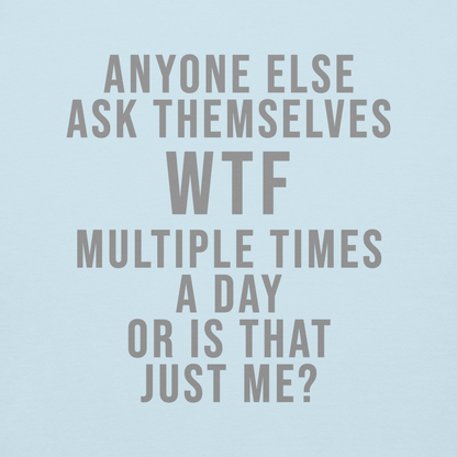 "Anyone else ask themselves WTF multiple times a day or is that just me?" printed on a sky blue background
