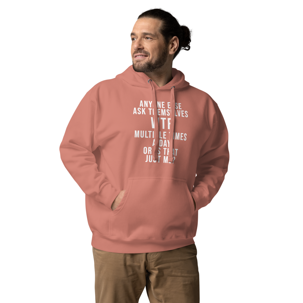 "Anyone else ask themselves WTF multiple times a day or is that just me?" printed on a dusty rose unisex hoodie worn by a male