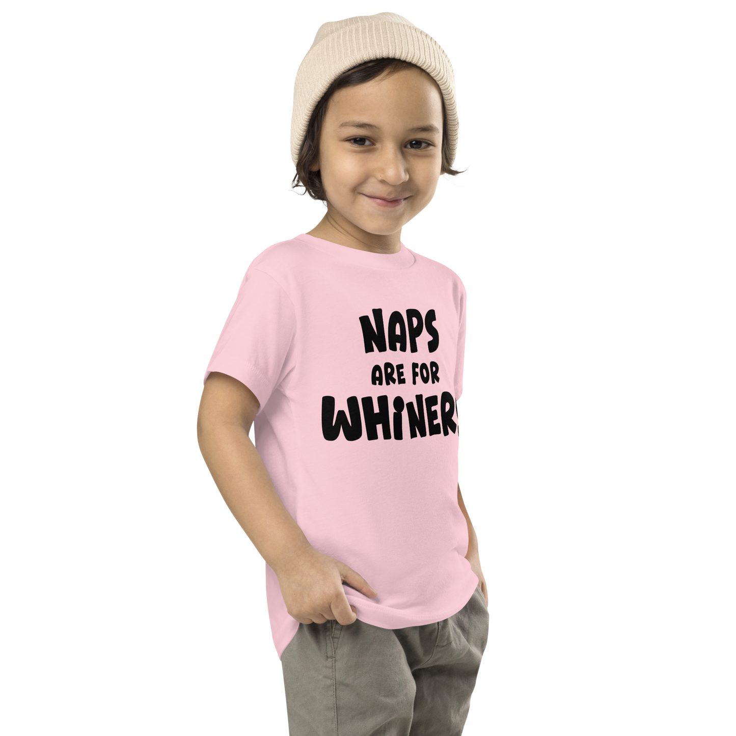 "Naps Are For Whiners" printed on a pink toddler short sleeve tee worn by a male who is also wearing a knit cap