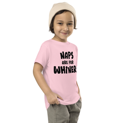 "Naps Are For Whiners" printed on a pink toddler short sleeve tee worn by a male who is also wearing a knit cap