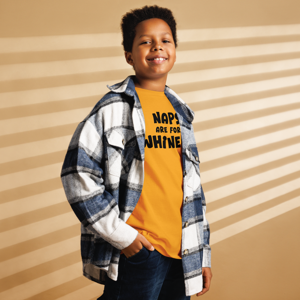 "Naps Are For Whiners" printed on a gold youth classic tee worn by a male also wearing a jacket