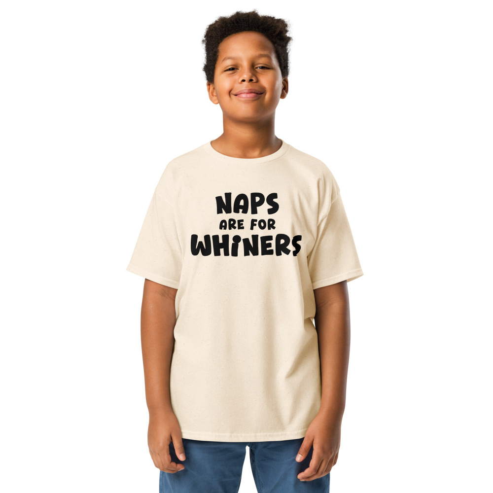 "Naps Are For Whiners" printed on a natural youth classic tee worn by a male