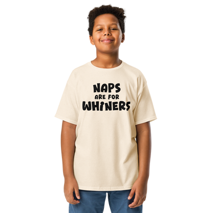 "Naps Are For Whiners" printed on a natural youth classic tee worn by a male