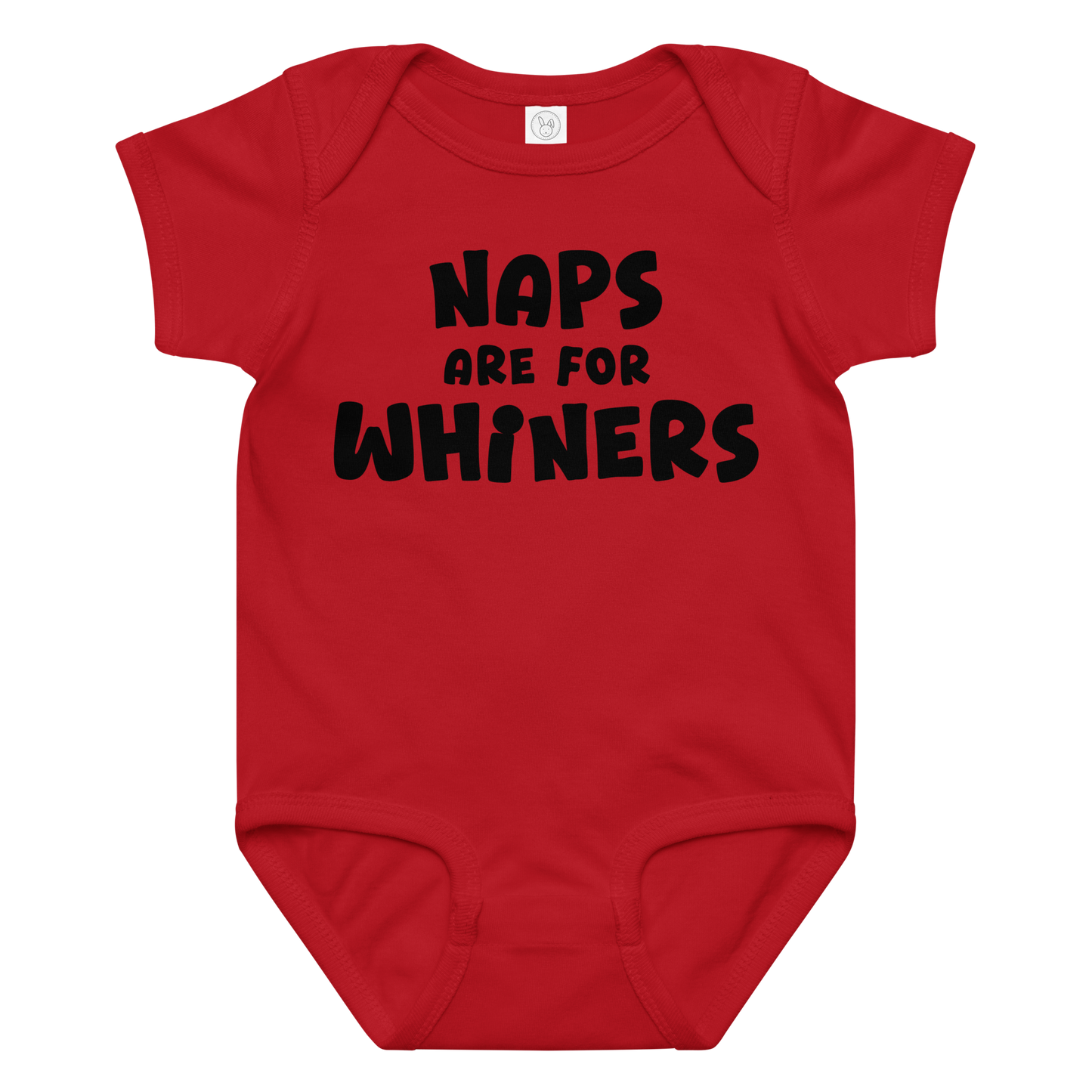 "Naps Are For Whiners" printed on a red baby jersey bodysuit laying on a flat surface amongst other clothes