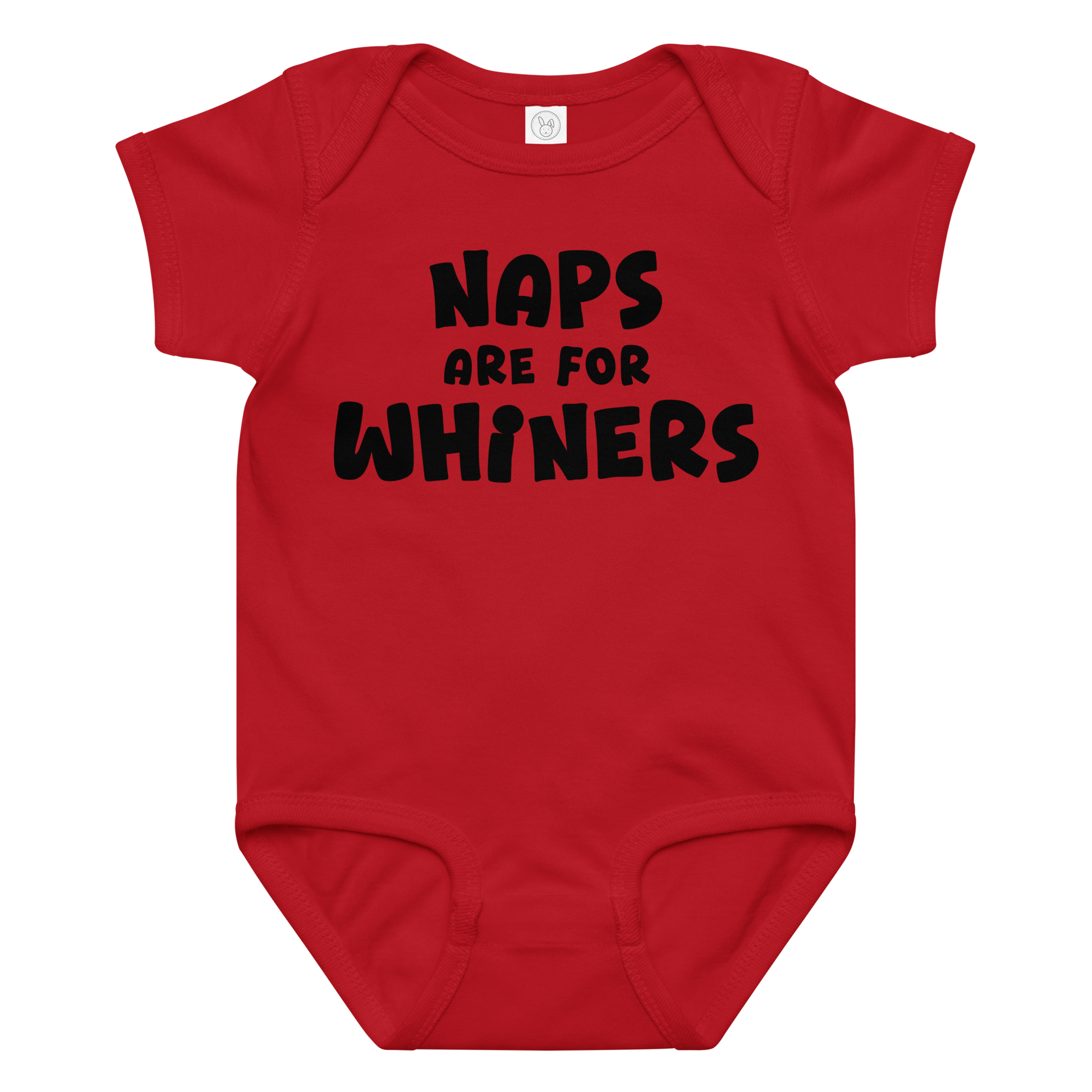"Naps Are For Whiners" printed on a red baby jersey bodysuit laying on a flat surface amongst other clothes