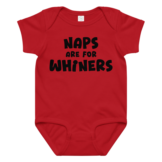 "Naps Are For Whiners" printed on a red baby jersey bodysuit laying on a flat surface amongst other clothes
