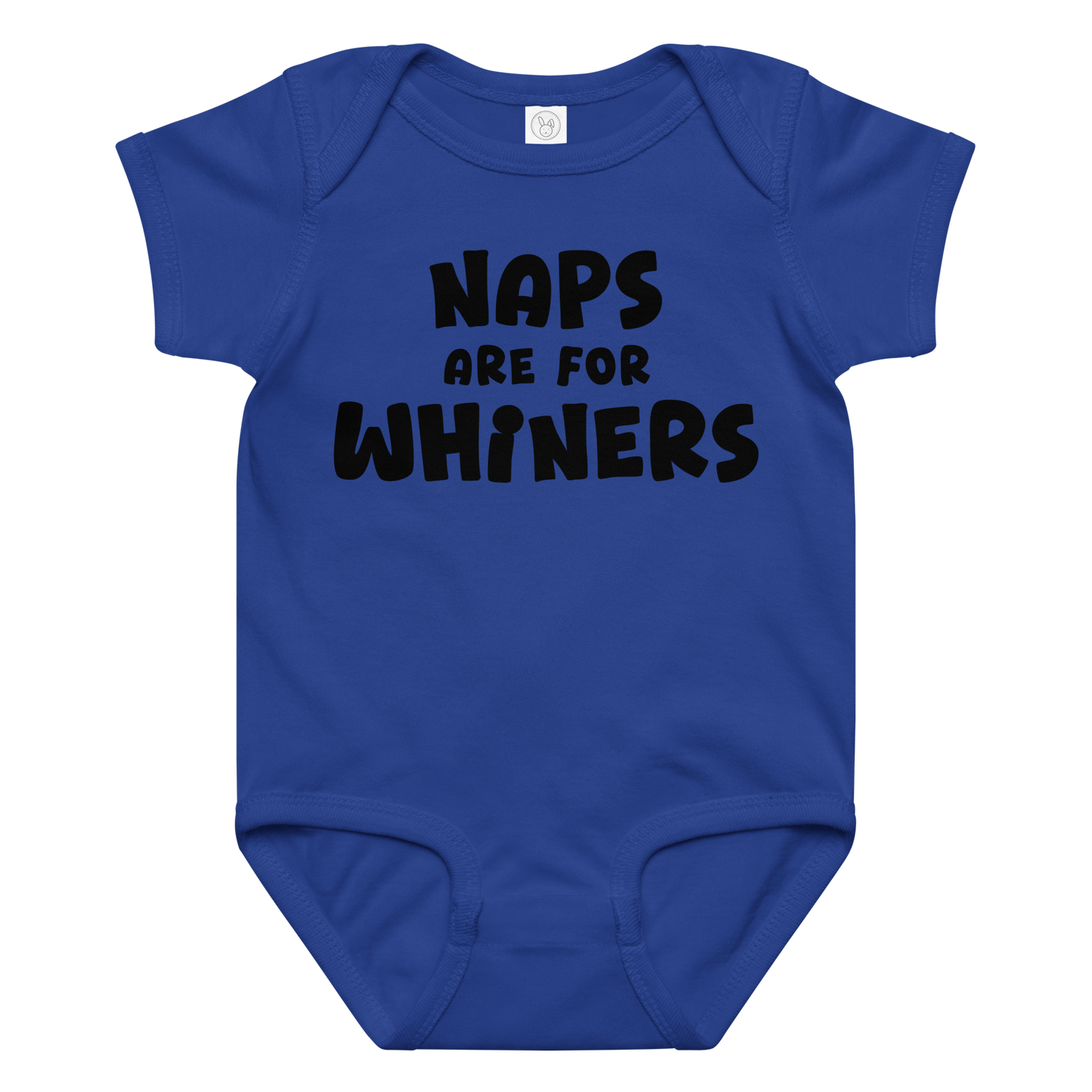 "Naps Are For Whiners" printed on a royal baby jersey bodysuit laying on a flat surface amongst other clothes