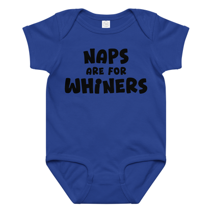 "Naps Are For Whiners" printed on a royal baby jersey bodysuit laying on a flat surface amongst other clothes