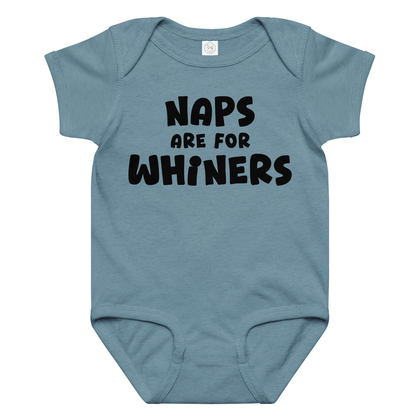 "Naps Are For Whiners" printed on a vintage indigo baby jersey bodysuit laying on a flat surface amongst other clothes