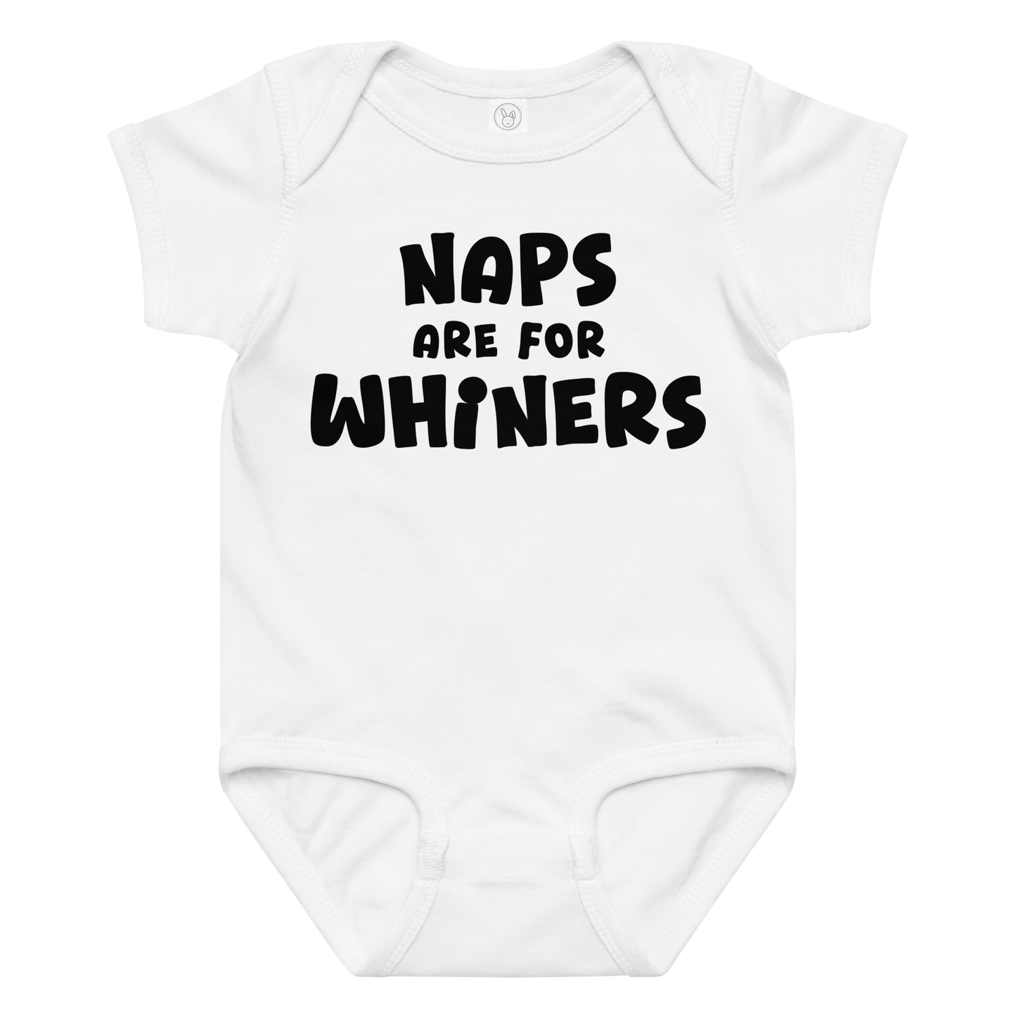 "Naps Are For Whiners" printed on a white baby jersey bodysuit laying on a flat surface amongst other clothes