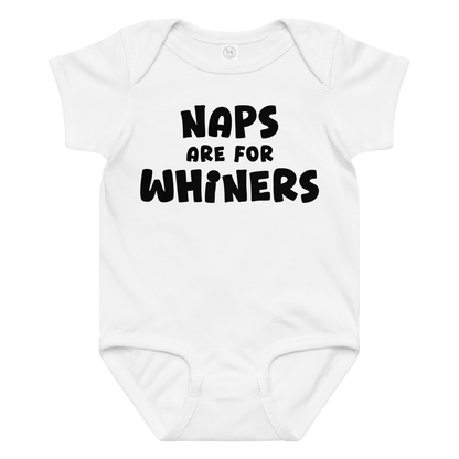 "Naps Are For Whiners" printed on a white baby jersey bodysuit laying on a flat surface amongst other clothes