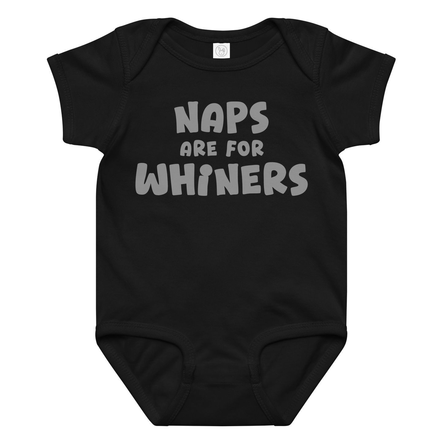 "Naps Are For Whiners" printed on a black baby jersey bodysuit laying on a flat surface amongst other clothes