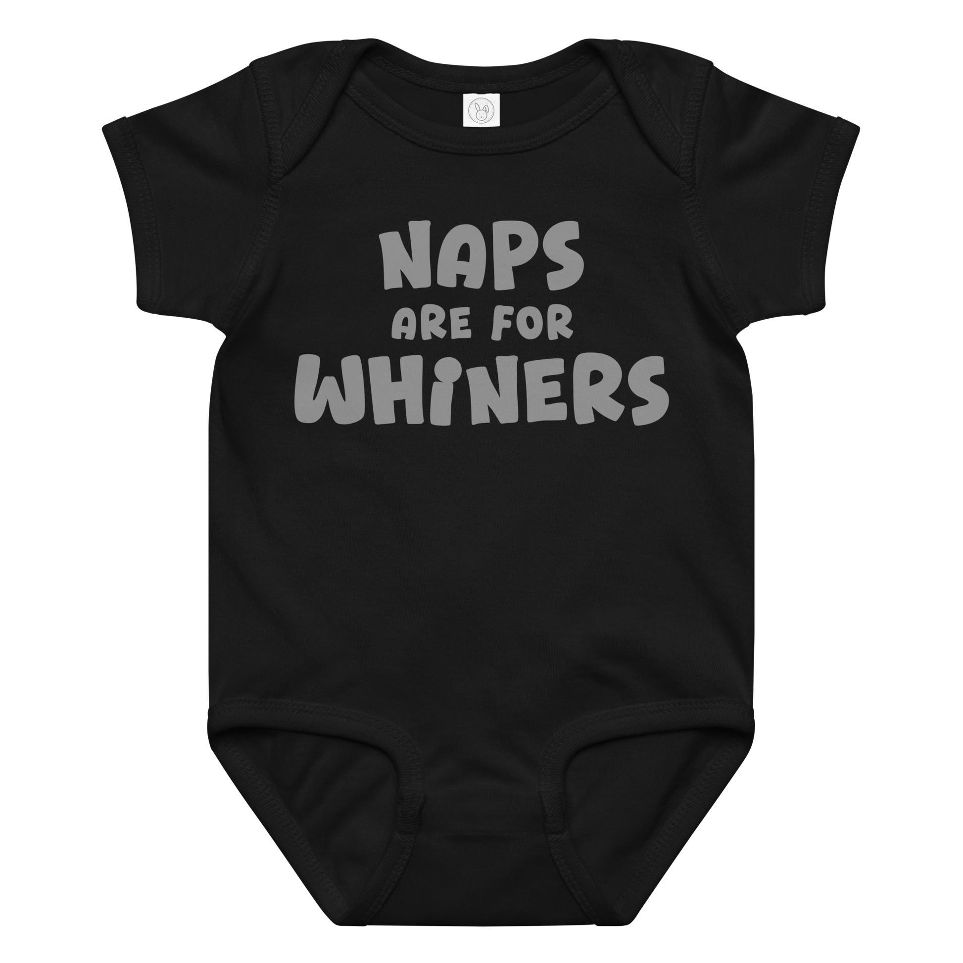 "Naps Are For Whiners" printed on a black baby jersey bodysuit laying on a flat surface amongst other clothes