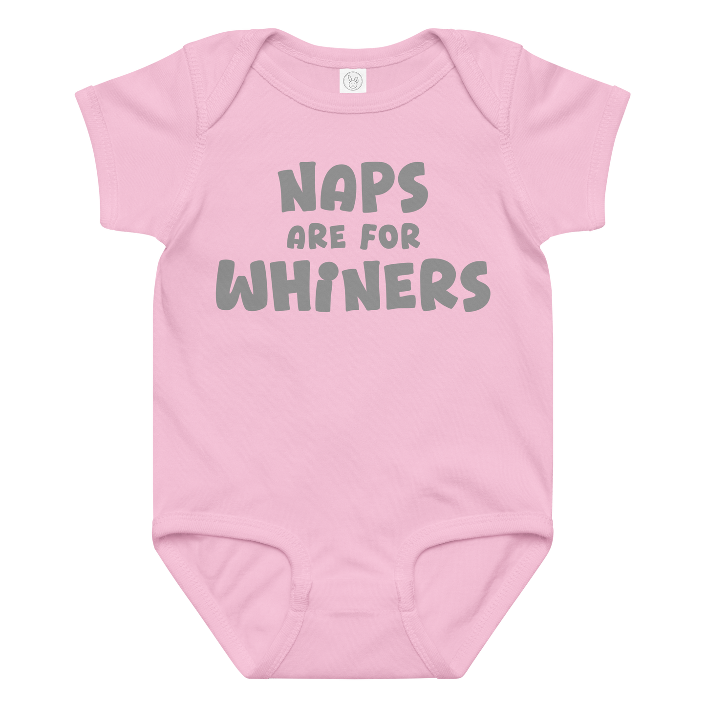 "Naps Are For Whiners" printed on a pink baby jersey bodysuit laying on a flat surface amongst other clothes