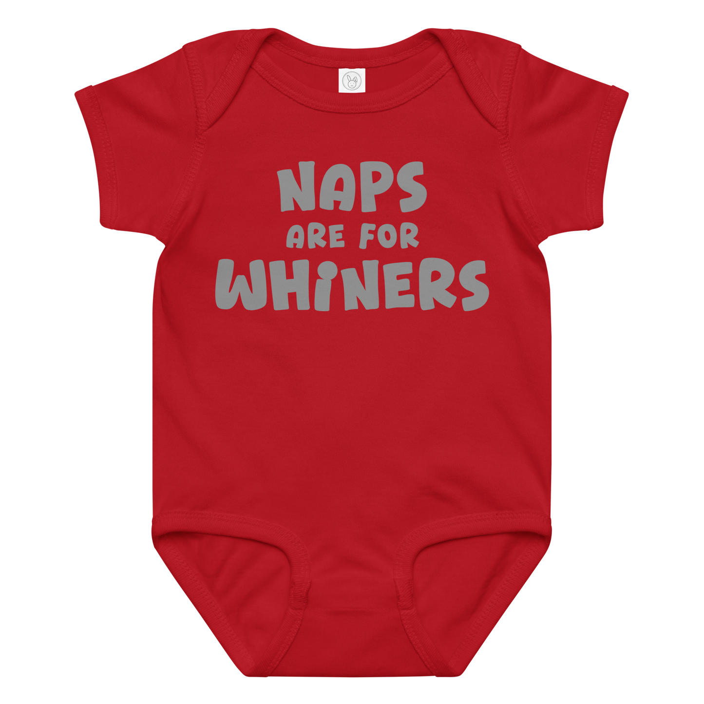 "Naps Are For Whiners" printed on a red baby jersey bodysuit laying on a flat surface amongst other clothes